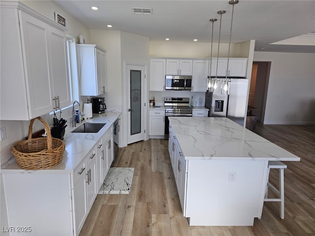 kitchen with visible vents, appliances with stainless steel finishes, white cabinetry, a sink, and a kitchen island