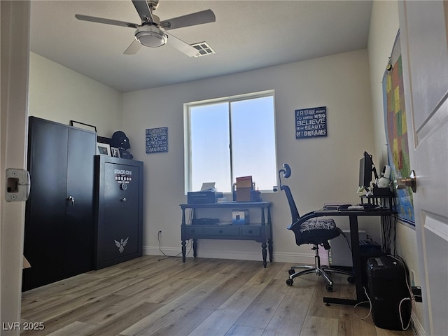 office with ceiling fan, wood finished floors, visible vents, and baseboards