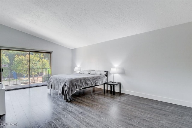 bedroom with baseboards, wood finished floors, access to outside, vaulted ceiling, and a textured ceiling