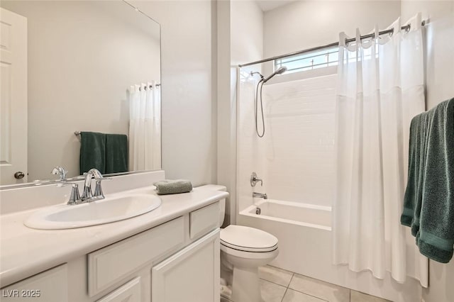 bathroom featuring shower / tub combo with curtain, vanity, toilet, and tile patterned floors