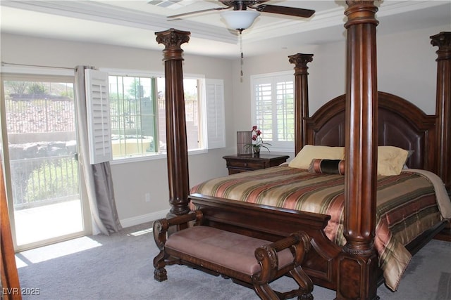 carpeted bedroom with access to exterior, decorative columns, baseboards, and ornamental molding