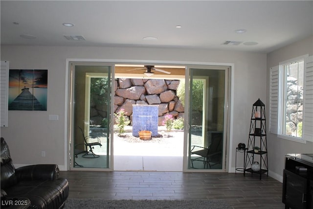 entryway with baseboards, visible vents, ceiling fan, wood finish floors, and recessed lighting