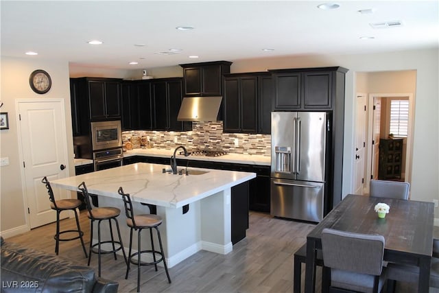 kitchen with light wood-type flooring, under cabinet range hood, visible vents, and appliances with stainless steel finishes