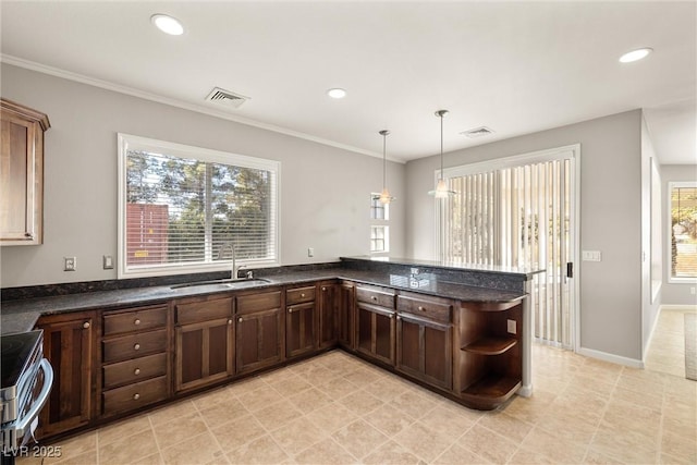 kitchen featuring stainless steel electric range oven, a sink, open shelves, and recessed lighting