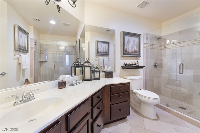 full bathroom featuring toilet, a shower stall, and visible vents