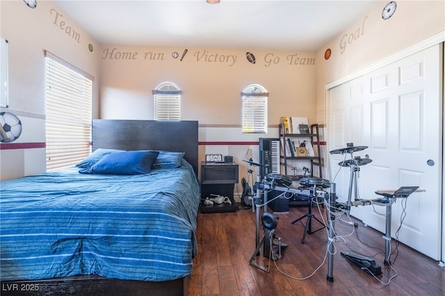 bedroom with a closet, multiple windows, and wood finished floors