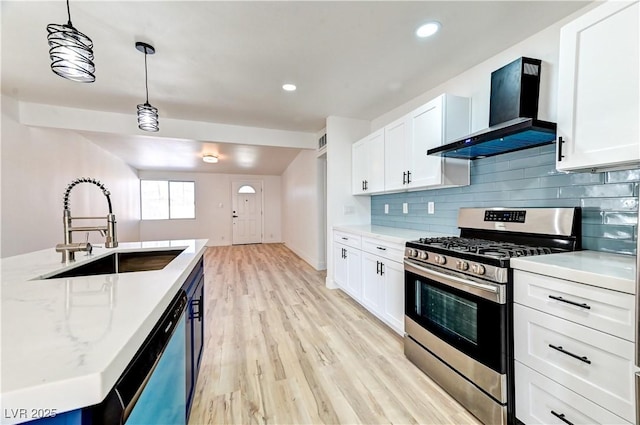 kitchen with dishwashing machine, a sink, exhaust hood, backsplash, and gas range