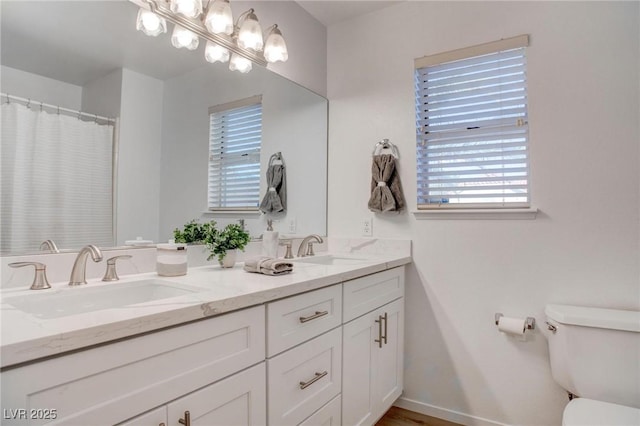 full bathroom featuring toilet, double vanity, baseboards, and a sink