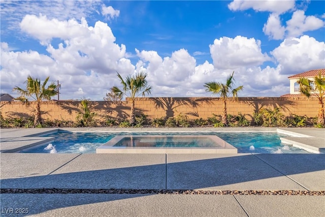 view of pool with a fenced in pool, a fenced backyard, and an in ground hot tub