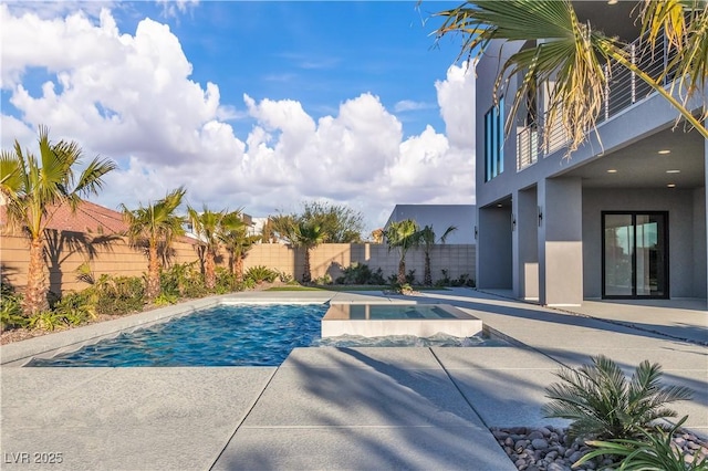 view of swimming pool featuring a fenced backyard, a fenced in pool, and a patio