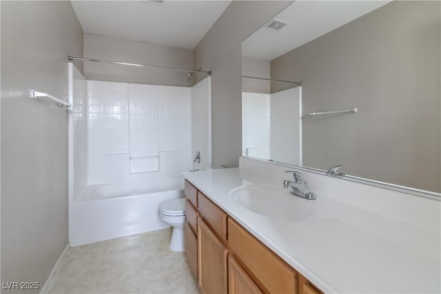 bathroom with visible vents,  shower combination, vanity, and toilet