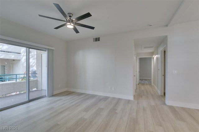 unfurnished room featuring a ceiling fan, light wood-style flooring, visible vents, and baseboards