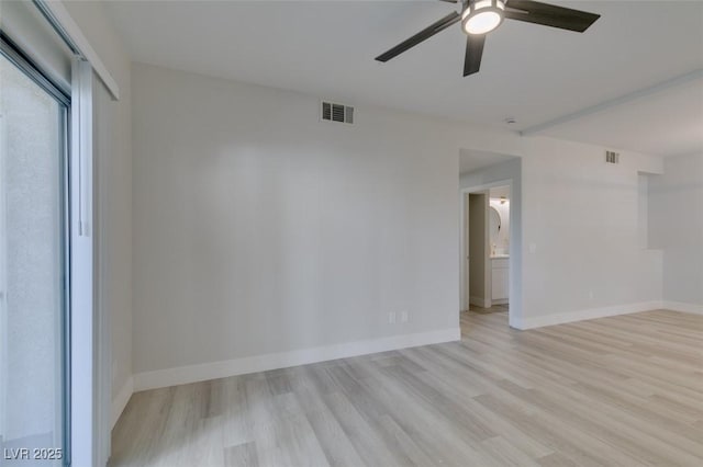 unfurnished room with light wood finished floors, baseboards, visible vents, and ceiling fan