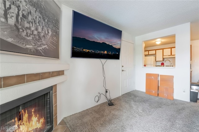 carpeted living room with a warm lit fireplace