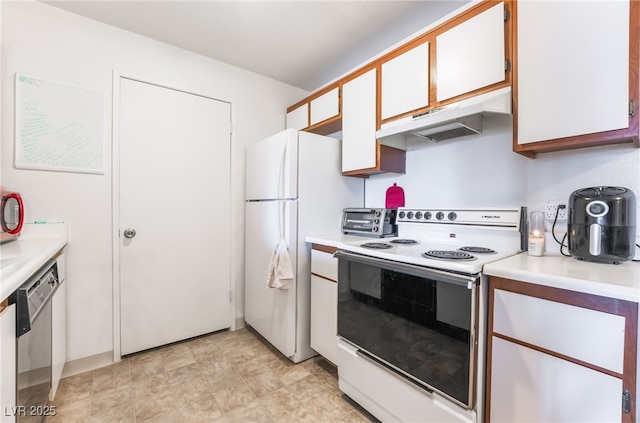 kitchen featuring white cabinets, under cabinet range hood, white appliances, and light countertops