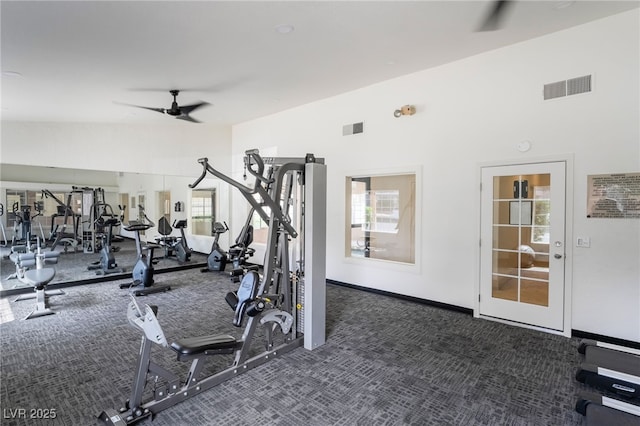 gym with ceiling fan, carpet floors, visible vents, and baseboards