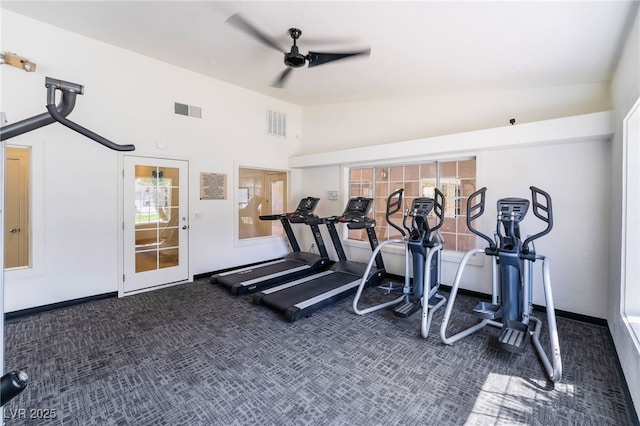 gym with visible vents, carpet flooring, and ceiling fan