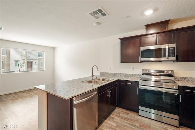 kitchen with stainless steel appliances, visible vents, light wood-style flooring, a sink, and a peninsula