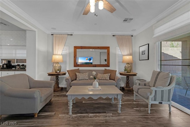 living area with ceiling fan, wood finished floors, visible vents, and crown molding