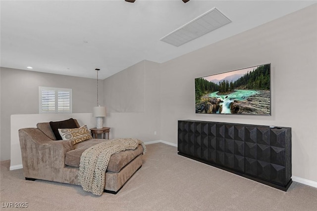 sitting room featuring carpet, baseboards, a ceiling fan, and recessed lighting