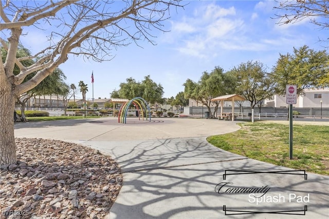 view of property's community featuring fence and playground community