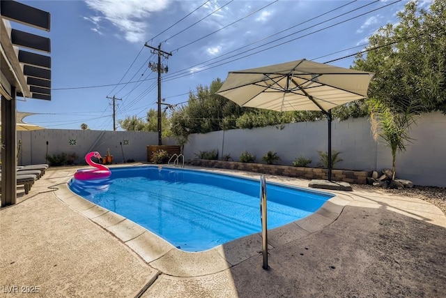 view of pool featuring a patio, a fenced backyard, and a fenced in pool