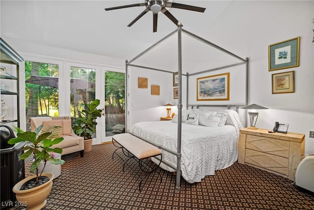 carpeted bedroom featuring a ceiling fan and access to outside