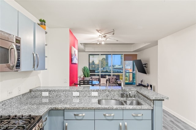 kitchen featuring light stone counters, a tray ceiling, stainless steel microwave, a sink, and wood finished floors