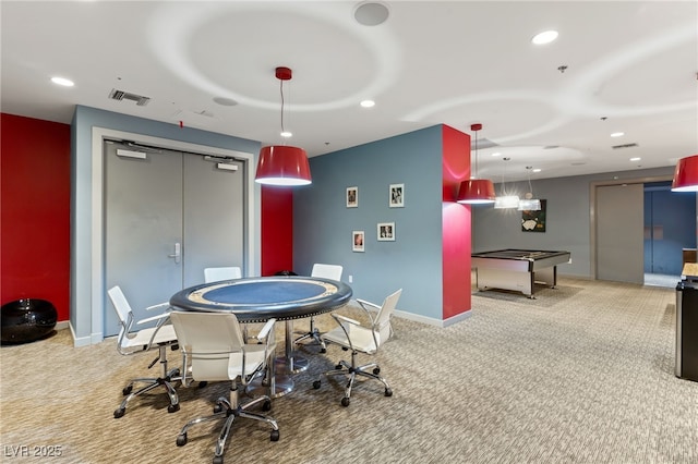 game room featuring carpet floors, recessed lighting, and baseboards