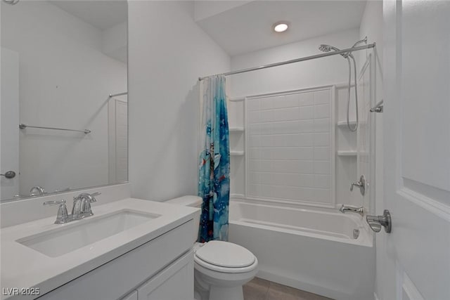 bathroom featuring shower / tub combo with curtain, vanity, toilet, and tile patterned floors