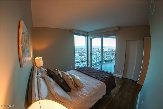 bedroom featuring access to exterior, a city view, and wood finished floors