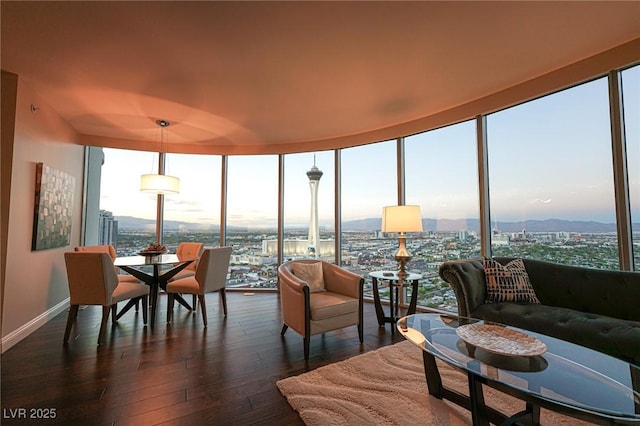 living area featuring dark wood-style floors, baseboards, floor to ceiling windows, and a city view