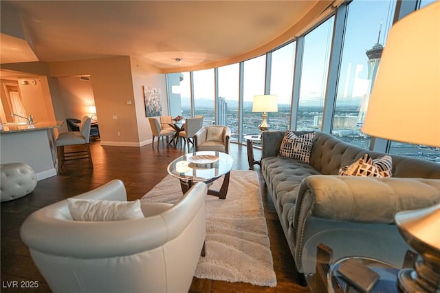 living room featuring a view of city, baseboards, a wall of windows, and wood finished floors