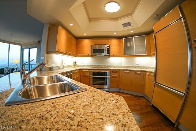 kitchen featuring a sink, visible vents, appliances with stainless steel finishes, dark wood-style floors, and a raised ceiling