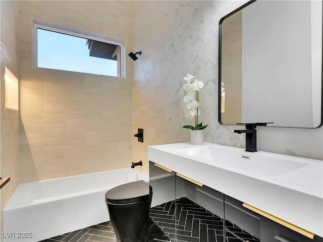 full bathroom with vanity and bathing tub / shower combination