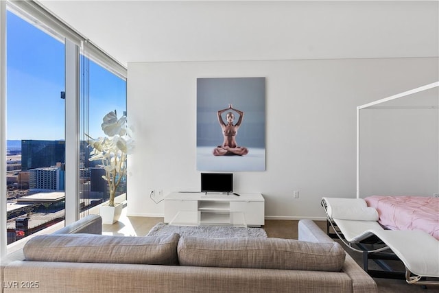 living area featuring floor to ceiling windows and baseboards