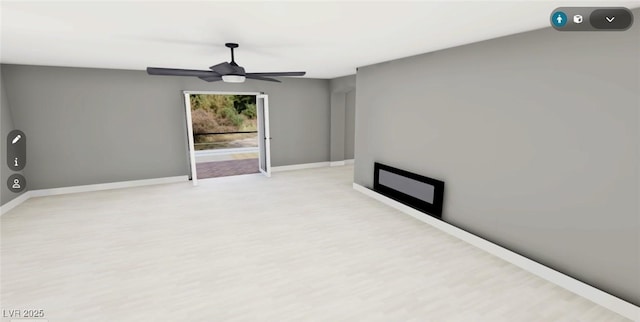 unfurnished living room featuring a ceiling fan, light wood-style flooring, and baseboards