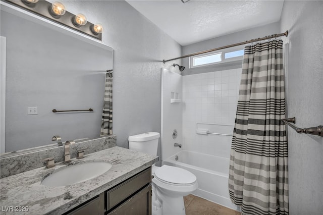 bathroom featuring shower / bath combo, vanity, toilet, and tile patterned floors