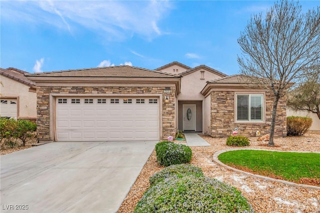 ranch-style home featuring a tiled roof, stucco siding, a garage, stone siding, and driveway