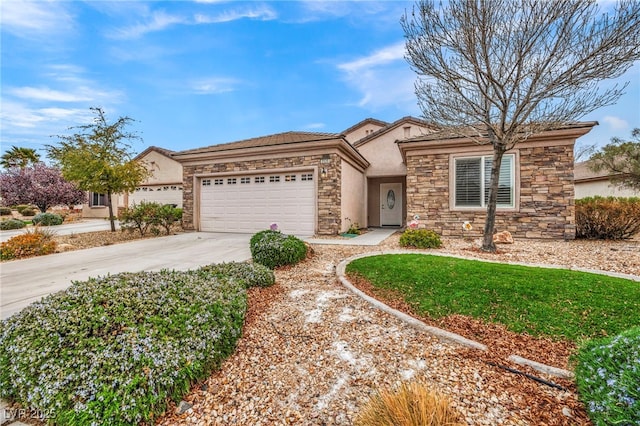 ranch-style home with stucco siding, stone siding, a garage, and driveway