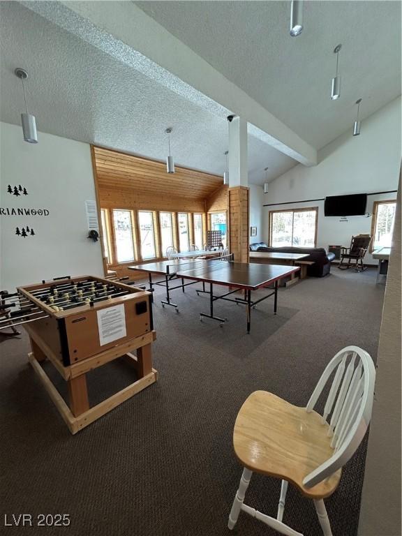 recreation room with a textured ceiling, high vaulted ceiling, carpet flooring, and a wealth of natural light