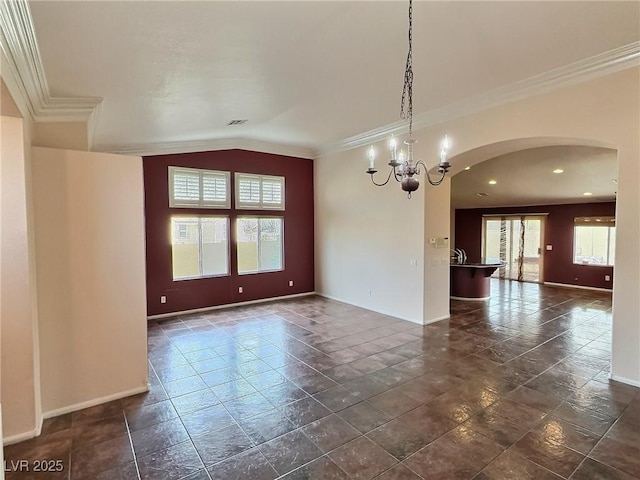 unfurnished room featuring crown molding, baseboards, vaulted ceiling, and a notable chandelier