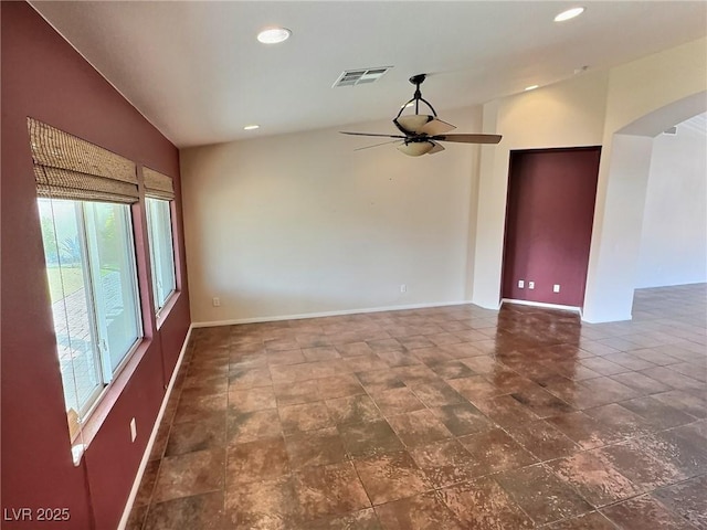 unfurnished room with ceiling fan, arched walkways, recessed lighting, visible vents, and vaulted ceiling