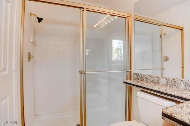 full bath with a shower stall, toilet, and vanity