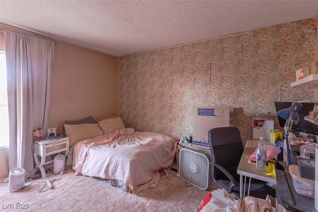 carpeted bedroom featuring a textured ceiling