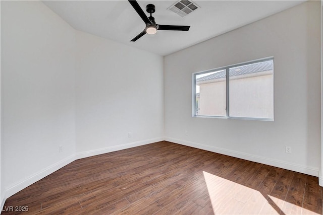 unfurnished room featuring a ceiling fan, wood-type flooring, visible vents, and baseboards