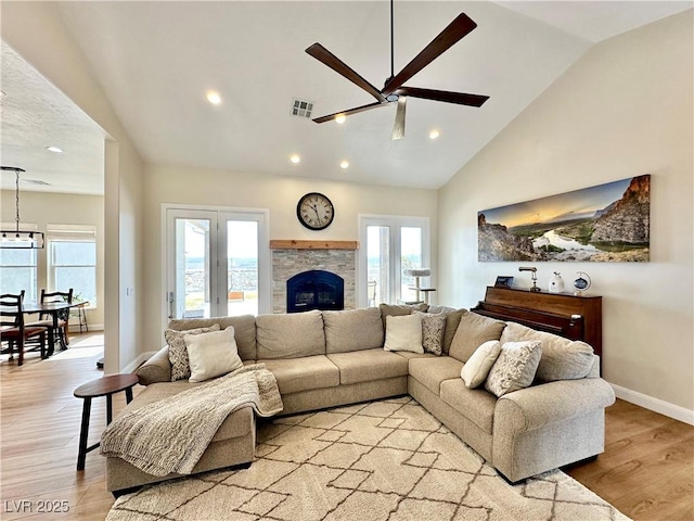 5208 Blue Desert Trl, Caliente, NV 89008 - living room with vaulted ceiling, a ceiling fan, light wood-style floors, baseboards, and recessed lighting