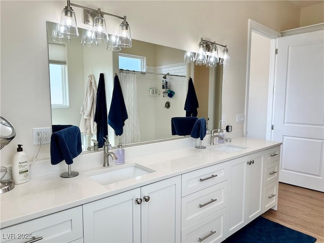 bathroom with wood finished floors, a sink, a shower with shower curtain, and double vanity