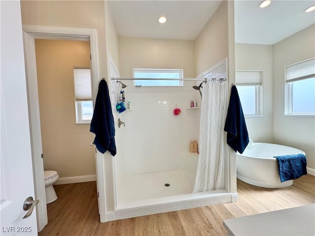 5208 Blue Desert Trl, Caliente, NV 89008 - full bathroom featuring toilet, wood finished floors, a tile shower, a soaking tub, and recessed lighting