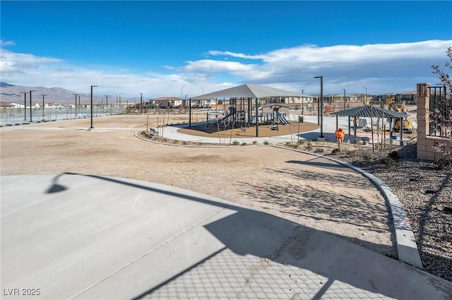 communal playground with a mountain view